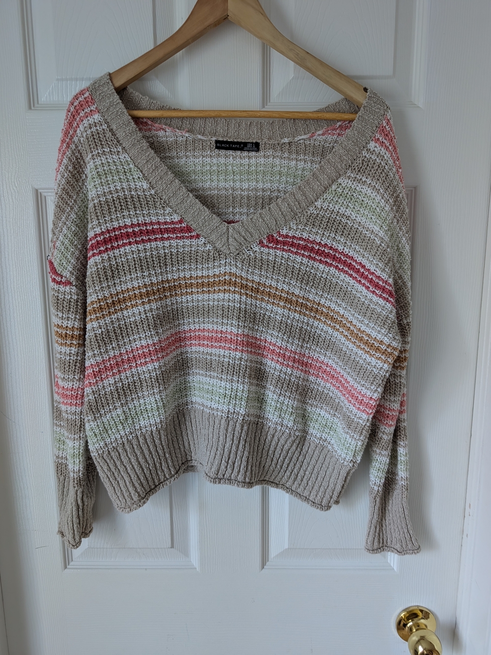 Black Tape_ Striped V-Neck Sweater in Beige, Pink & Green